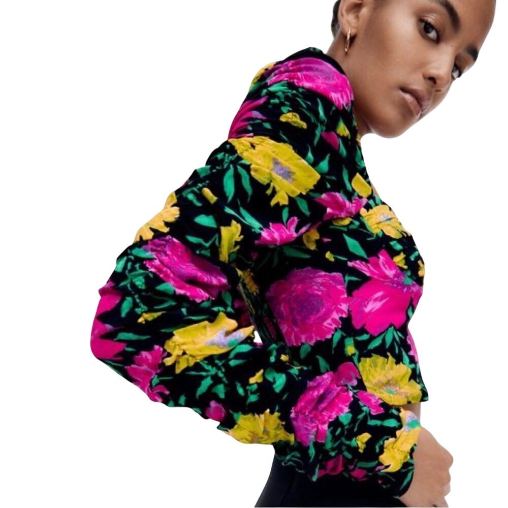 ZARA Floral Crop Top Puff Ruched Sleeves Size S